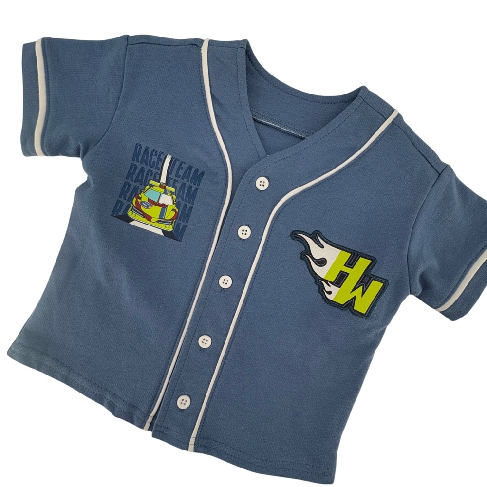Hot Wheels Baseball Jersey Boys 12M Blue Graphic Race Team 68 Button Front Shirt